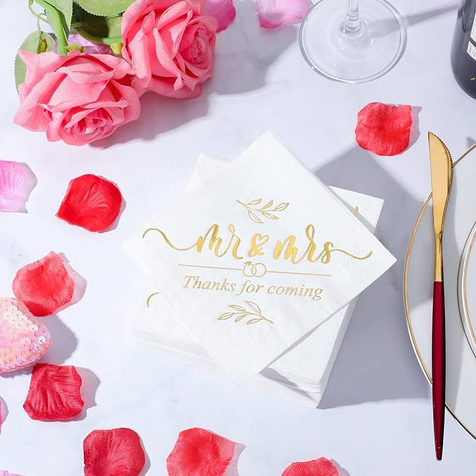 200 Pcs Wedding Napkins for Reception Disposable Bridal Shower Napkins Gold Foil Wedding Decorations Mr and Mrs Napkins for Engagement Party Decoration Cocktail Beverage Dessert (Simple Styles)