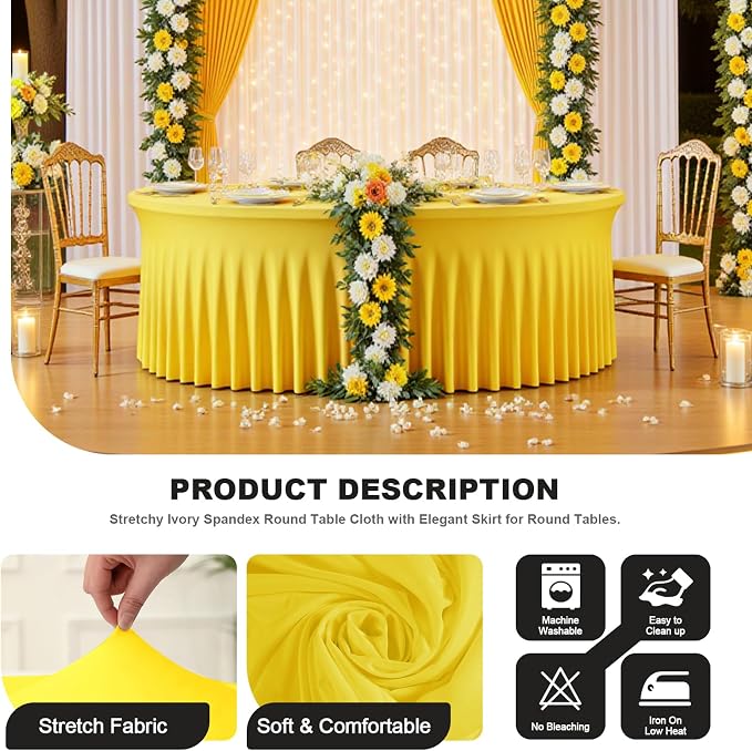 6 Pack Yellow 60 inch Round Spandex Tablecloth,Wrinkle-Free Stretchy Fitted 5FT Round Tables,Elastic Edge with Skirt,Washable Tablecloths for Wedding Banquet Party Birthday Buffet