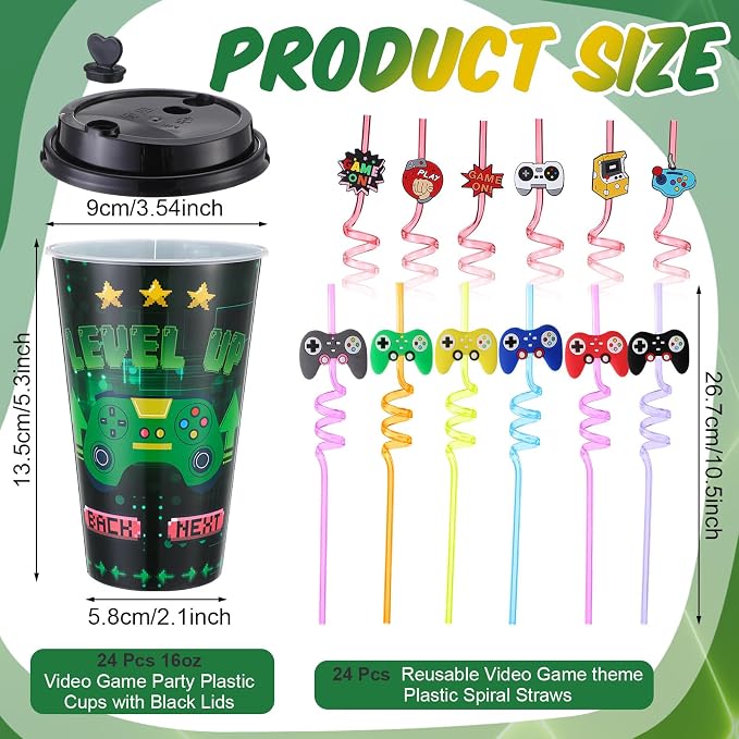 Maxcheck 24 Sets 16 oz Game Controller Party Favors Goodie Cups with Colorful Lids and Straws for Birthday Decorations Reusable Plastic Candy Cups Bulk Plastic Straws for Birthday Party Celebration