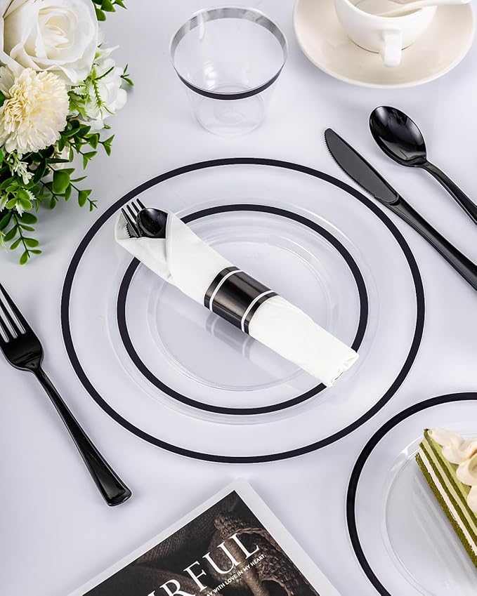 BESTVIP 700Pcs Clear Black Plastic Plates for Party,Disposable Dinnerware Set for 100 Guests, 200 Plastic Plates,100 Cups,100 Pre-Rolled Napkins with Cutlery for Graduation Party, Wedding, Halloween