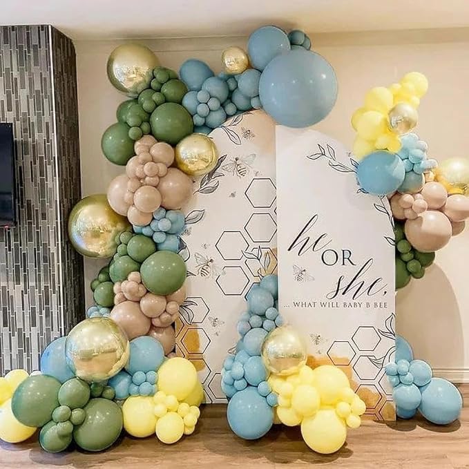 Blue Yellow Green Balloon Garland Double Stuffed Sage Green Dusty Blue Yellow Gold Balloons Pastel Balloon Arch Kit for Baby Shower Birthday Easter Gender Reveal Wedding Party Decorations