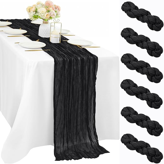 Black 6 Pcs Cheesecloth Table Runner 10FT Gauze Fabric Boho Cheese Cloth Table Runner Decoration Rustic Semi Sheer Runner for Wedding Birthday Baby Bridal Shower Party Table (35 x 120 Inches Long)