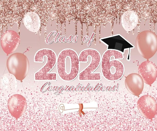 DASHAN 10x8ft Class of 2026 Graduation Backdrop Pink Congrats Grad Backdrop for Photography Graduation Ceremony Party Decorations with Balloons Cake Table Banner Decor Photo Booth Props