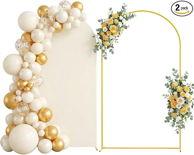 Arttown 7.2FT Gold Metal Arch Backdrop Stand and Beige Arch Cover Set Suitable for Wedding Celebrations Birthday Parties Baby Showers Graduation Ceremonies Event Decoration
