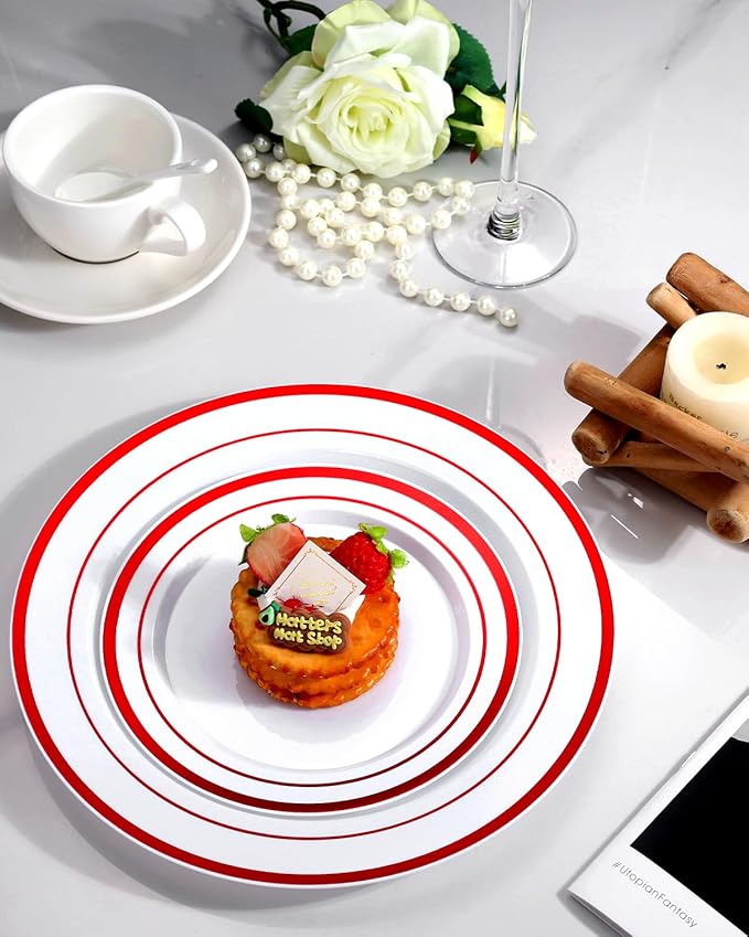 Goodluck 120 Pack Red Rim Plastic Plates - 60 Dinner Plates (10.25") & 60 Dessert Plates (7.5") - Heavy Duty Disposable White Plates with Elegant Red Trim - Premium Dinnerware Set for Wedding