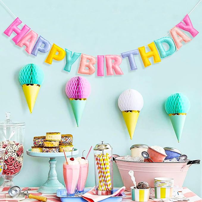 Pre-Strung Happy Birthday Banner - Felt Ball Garland, Rainbow Party Decorations, HAPPY BIRTHDAY Garland, Personalized Birthday Sign for Birthday Decor, Party Decor, Photo Prop (Pastel Happy Birthday Banner)