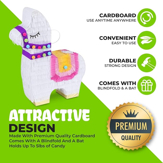 Llama Pinatas Bundle with a Blindfold and a Bat (17 x 14 x 4 Inches), Perfect for kid's Birthday Parties, Mexican Theme Parties, Decorations