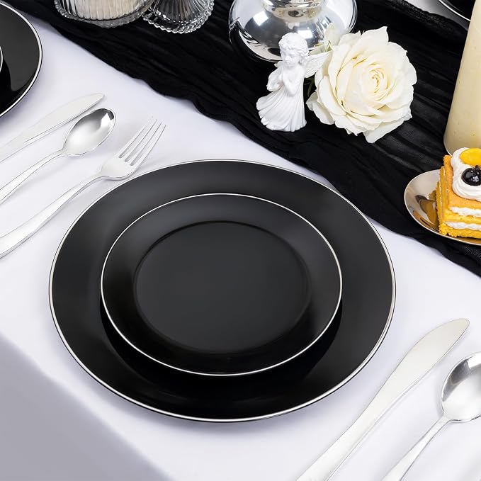 bUCLA 100PCS Black Plastic Plates - Heavy Duty Black Disposable with Silver Rim Include 50 Each (10 inch Dinner & 7 inch Dessert) Plates, Ideal for Party & Graduation