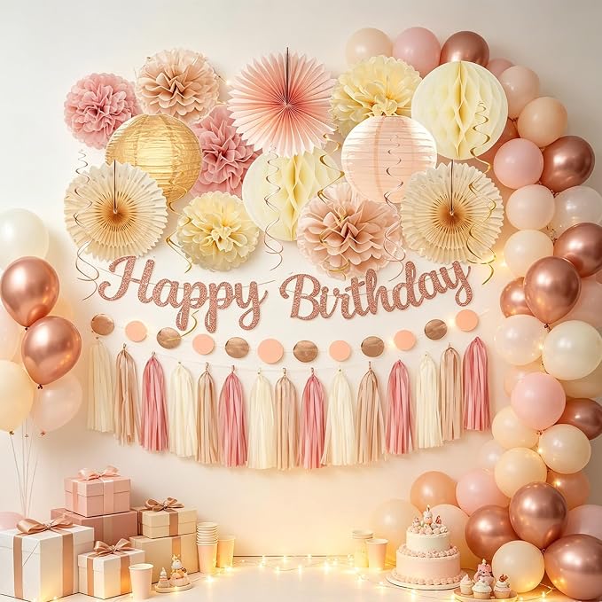 Boho Happy Birthday Party-Decorations Champagne-Gold Beige 34pcs Hanging Swirls,Tissue Paper Pompoms,Circle Dots Garland,Tassel Garland (Champagne Gold Birthday Set)