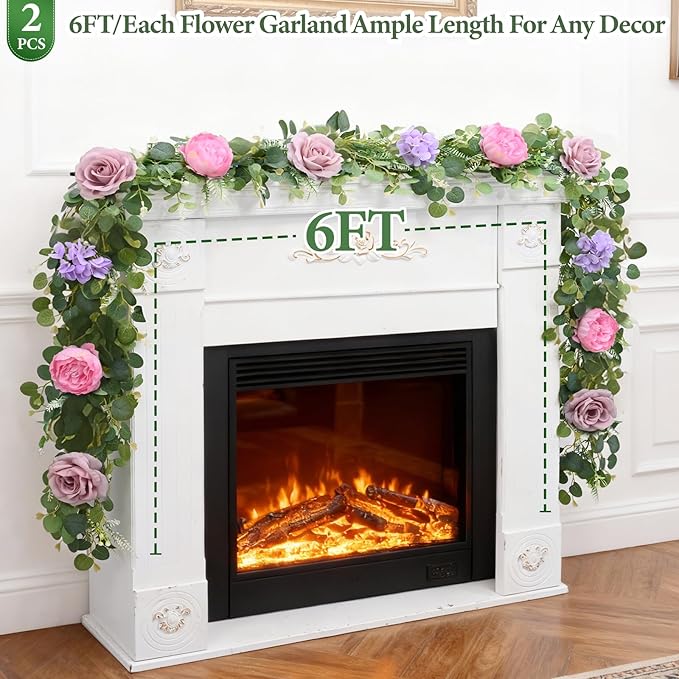 Livole 6 FT Artificial Flower Garland Real Touch Fake Pink Floral Rose Peony Garland with Eucalyptus Flower Hanging Vine for Wedding Table Centerpieces Backdrop Party Arch Home Decorations