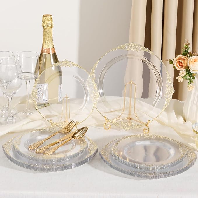 Goodluck 250 PCS Vintage Clear & Gold Rim Plastic Plates with Cutlery Set - Serves 50 - Heavy Duty Elegant Disposable Dinnerware for Wedding, Bridal Shower, Anniversary