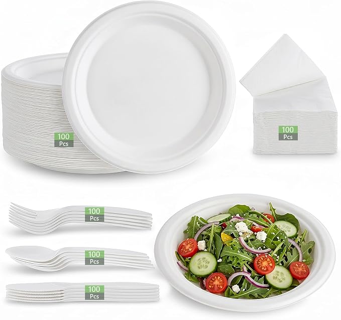 500Pcs Compostable Paper Plates Set Party Supplies Severs 100 Guests Disposable Party Plates Heavy-duty Utensil Disposable Party Plate Fork Knives Spoon Napkin Dinnerware for Birthday Wedding Camping