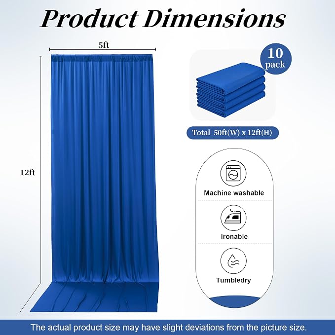 50ft x 12ft Wrinkle Free Royal Blue Backdrop Curtains for Parties, 10 Panels 12FT Long Photo Backdrop Drapes Silky Back Drop Cloth for Wedding Birthday Photography Background Decor