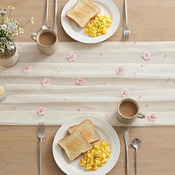 Artoid Mode Pink Flower Pearl White Gauze Table Runner 10FT, Seasonal Sheer Dining Holiday Wedding Birthday Baby Shower Table Decor for Home Party