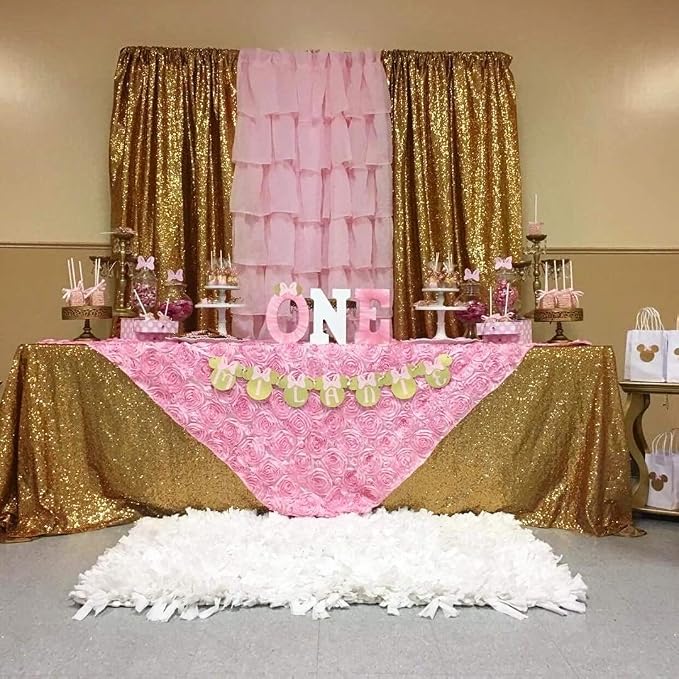 Fanqisi Baby Shower Tablecloth 50x102 Inches Pink Tablecloth Rectangle Satin Overlay Rosette Tablecloth 3D Floral for Wedding Party Event
