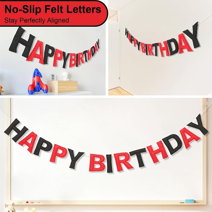 Pre-Strung Happy Birthday Banner & Felt Garland Set - Red & Black Birthday Decorations for Women Men Boys Girls | Reusable Party Supplies for Indoor & Outdoor