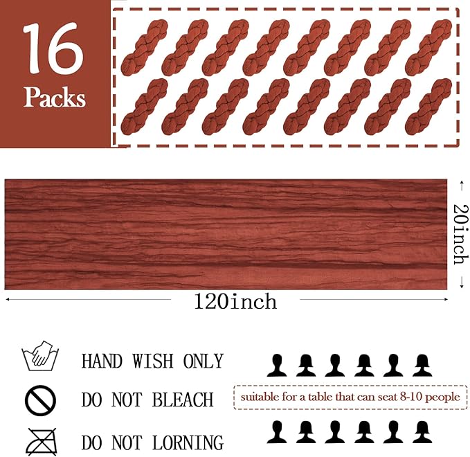 16 Pack Terracotta Cheesecloth Table Runner 20 x 120 inch Gauze Table Runners 10 FT Long,Semi Sheer Cheese Cloth Fabric Table Runner Bulk for Wedding,Party,Baby Shower,Bridal Shower Decoration