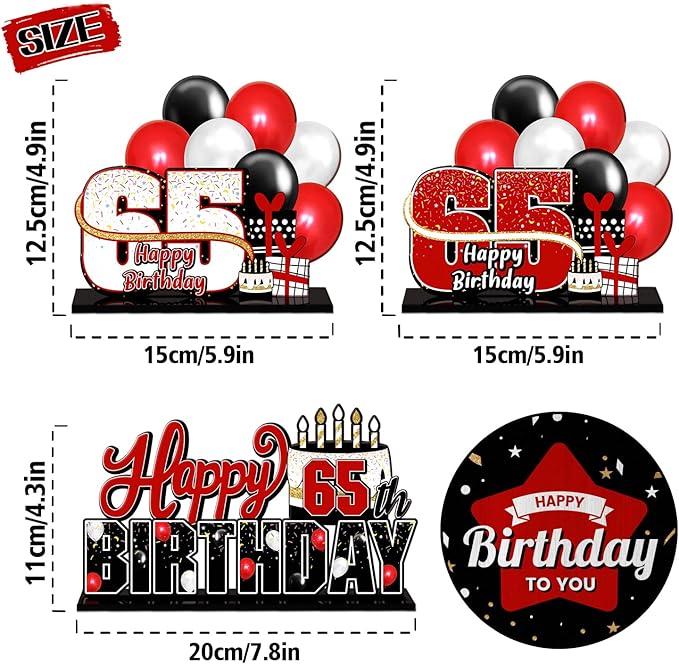 LINGTEER Happy 65th Birthday Red Acrylic Table Topper Centerpieces Set - Cheers to 65 Years Old Birthday 65th Bday Party Gift Decorations.