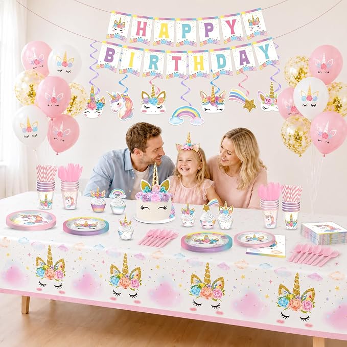 Unicorn Birthday Decorations, Unicorn Party Decorations, Rainbow Birthday Decor for Girls, Includes Plates, Cups, Napkins, Banner, Tablecloths, Balloons, Cupcake&Cake Topper serve 24 Guests