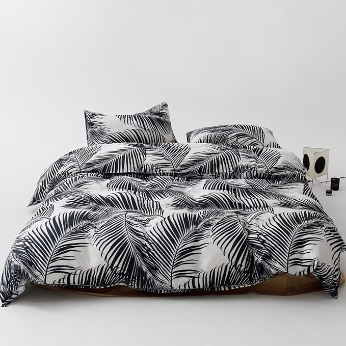 KAREVER Black Leaves Comforter King Black and White Palm Leaf Printed Comforter Sets Modern Boho Black Tropical Botanical Leaves Bed Quilts for Women Men Soft Floral Palm Black King Comforters