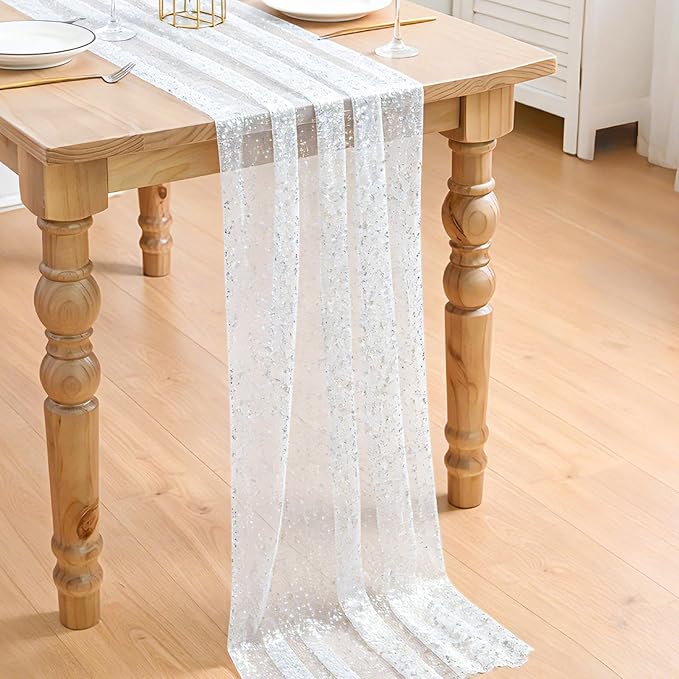 BINBE 3PCS Silver Table Runner 10Ft Sheer Chiffon Fabric Cheesecloth Sequin Glitter Table Runner for Wedding Birthday Party Decor