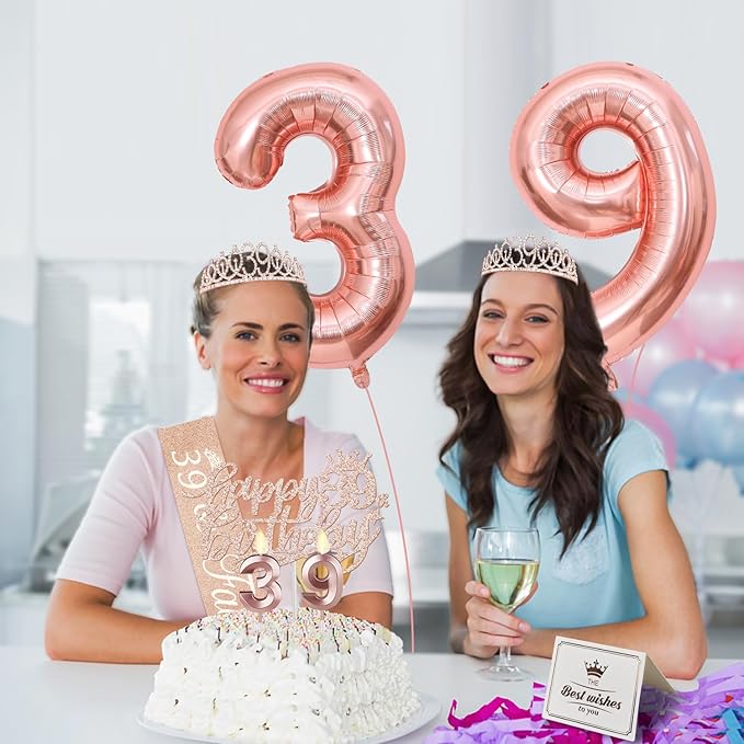 39th Birthday Decorations for Women, Including 39th Birthday Sash and Tiara, Cake Topper and Candles, Number Balloons, 39 Year Old Gifts for Women