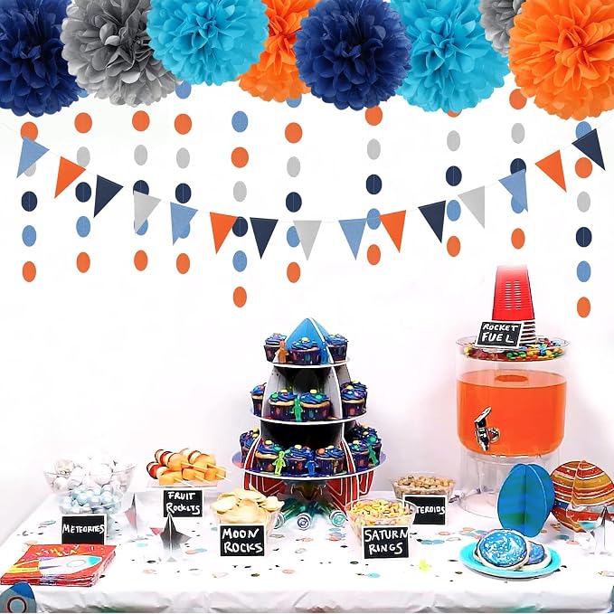 Blue-Silver Orange Space Party-Decorations Streamers-Garland - 30pcs Graduation 2026 Tissue Pom Poms,Tassel Banner Backdrop Birthday Boy Baby Shower Decor Bunting Lasting Surprise