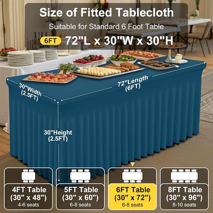 Smiry Spandex Tablecloth, Elastic Fitted Stretch Tablecloth for 6FT Rectangle Tables, Waterproof Washable Table Cover Skirt for Outdoor, Wedding, Banquet & Parties (Peacock Blue, 72Lx30Wx30H Inch)