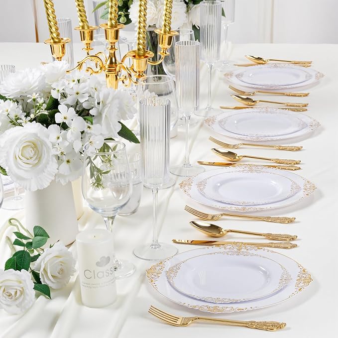 125PCS White and Gold Plastic Plates - Gold Disposable Plates with Plastic Silverware - Vintage Disposable Dinnerware Set for 25 Guests for Wedding Party Dinner Holiday