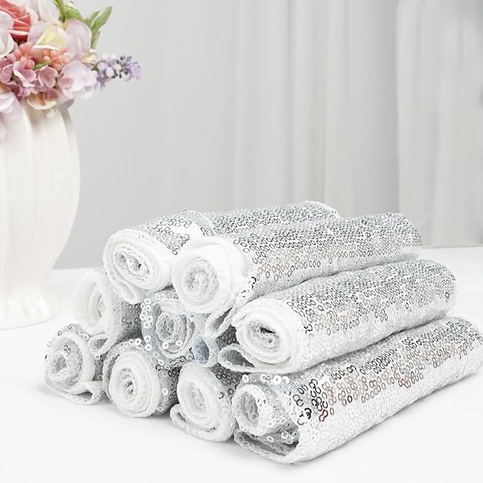 SquarePie Chair Sashes 100 Pack - Silver One-Sided Sequin Bows for Wedding Chairs, Stretch Spandex Bands for Party Fiesta Decor
