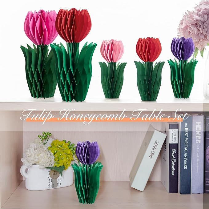 SUNBEAUTY 8 PCS Tulip Honeycomb Decorations, Spring Decorations for Office, Spring Table Decor, Red Tulip Honeycomb Flower Decorations Spring Centerpieces for Tables Mother Day Spring Party Womens Day