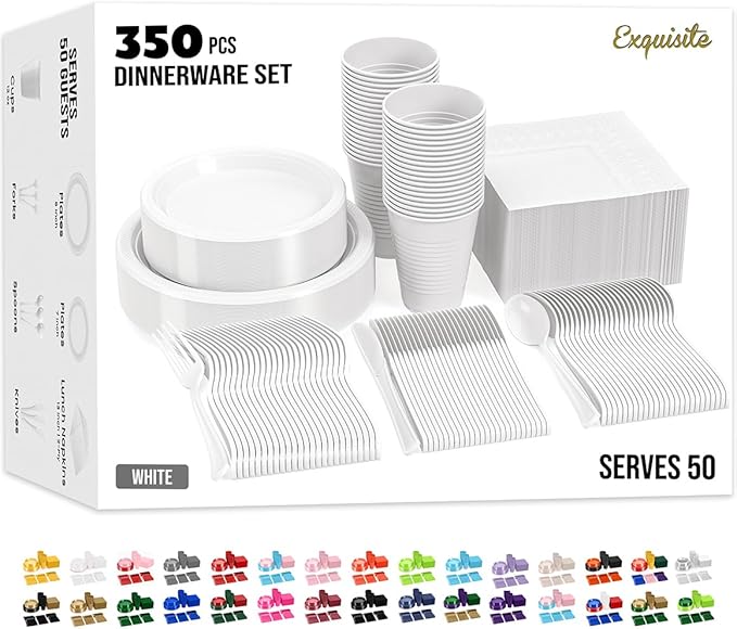 Party Solids 350 Pieces White Plastic Plates For Party, White Disposable Plates Set, 50 Of Each 9" Dinner Plate Set, 7" Dessert Plate, Cups, Napkins & Cutlery Plastic Dinnerware Set