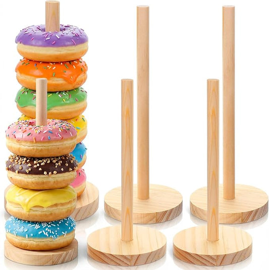 4 Pcs Donut Holder, Wooden Donut Holder Stand Party Set of 4, Durable Donuts Stands with Round Base for Donuts, Cupcakes & Pastries, Party Serving Set for Weddings & Bakeries