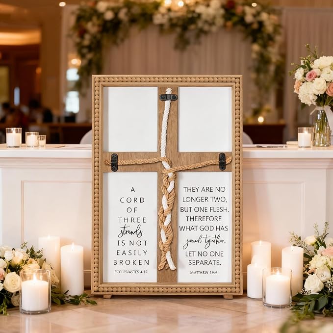 Farmhouse A Cord of Three Strands Wedding Ceremony Sign with Wooden Bead and Hanging Hook, Vintage Rustic Wood Unity Cross for Wedding Ceremony, 11 X 15 Religious Christian Wall Decor Gift for Couple