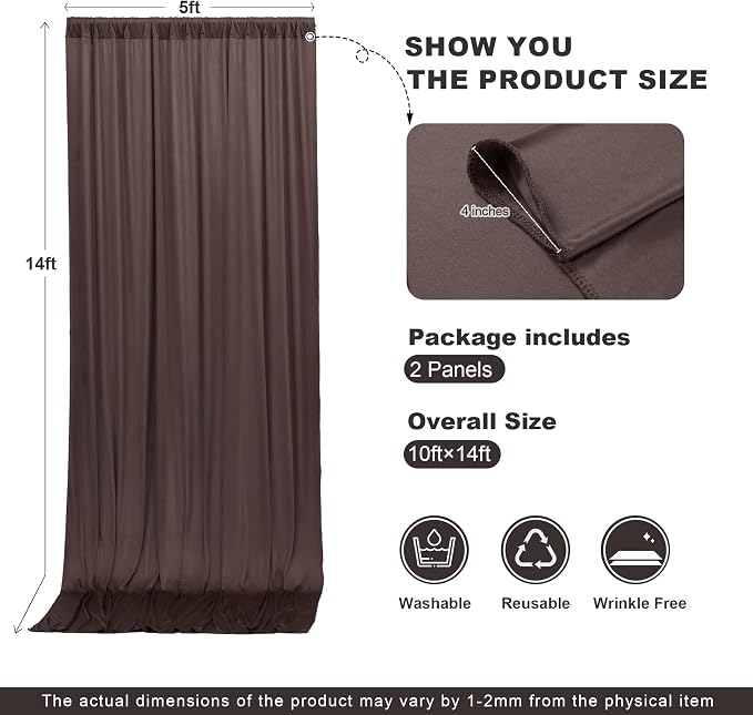 10x14ft Brown Backdrop Curtains for Wedding Party, 2 Panels 14 ft Long Back Drop Cloth, Wrinkle-Free Polyester Drapes for Birthday, Baby Shower, Stage Photography Background