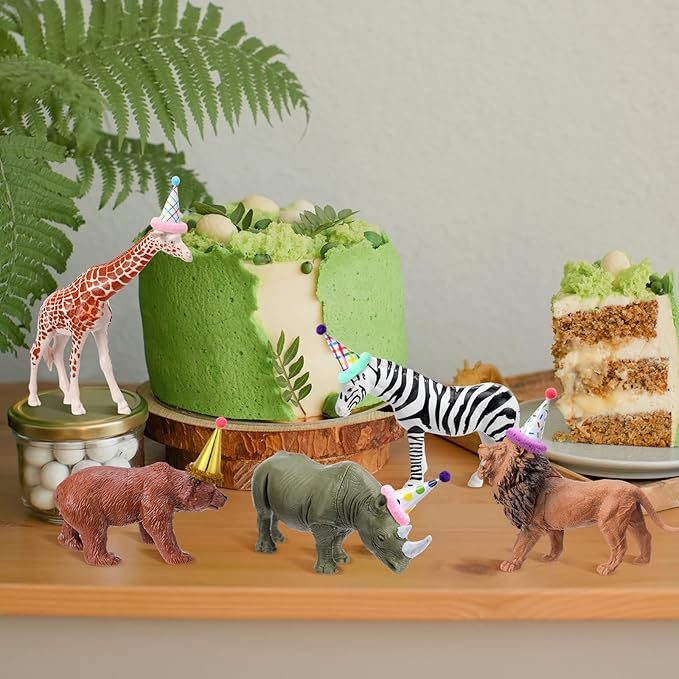 Colingmill 18 Pcs Jungle Animal Birthday Party Decorations Mini Birthday Hat Animal Figure Model Cake Toppers with Mini Hat for Birthday Party, Wild Animals Themed Party