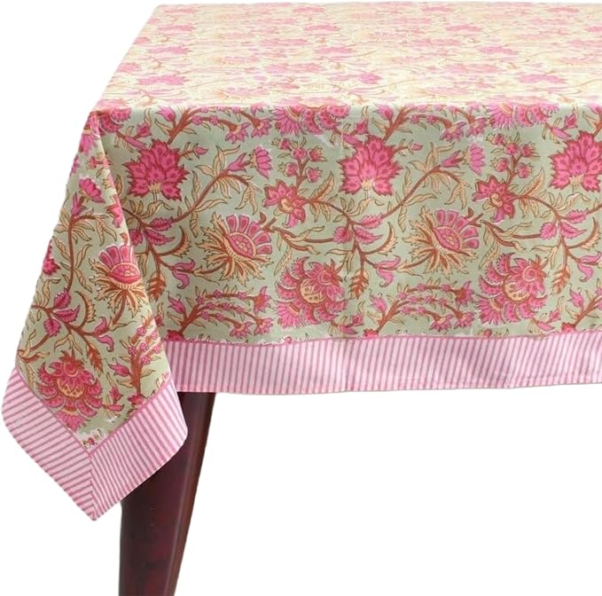 Ridhi Pistachio Green Hand Block Print Cotton Rectangle Tablecloth 60" x 60" inches Reusable Table Cover Decorative Everyday Use for Dining Room, Farmhouse, Home Gift for Spring, Mother's Day