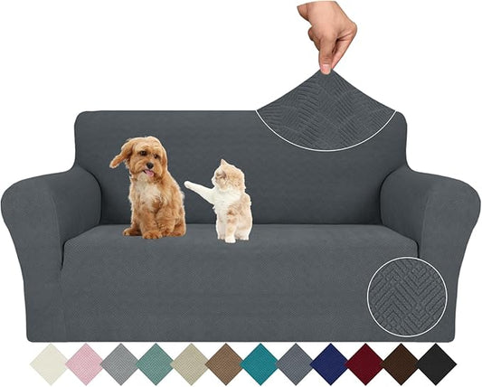 JIVINER Stretch Loveseat Slipcovers 1 Piece Love Seat Sofa Cover Spandex 2 Seater Couch Covers Universal Furniture Protector with Elastic Bottom (Medium, Dark Gray Rhomb)