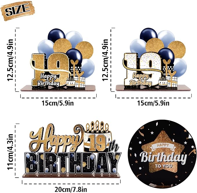LINGTEER Happy 19th Birthday Gold Acrylic Table Topper Centerpieces Set - Cheers to Nineteen Years Old Birthday 19th Bday Party Gift Decorations.