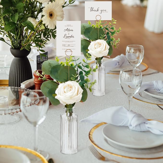 Threehoney 12 Set Artificial Flowers with Vases and Table Number Holder 12 Glass Bud Vases 48 Fake Plants and 12 Card Holder Picks Flower Table Centerpieces DIY for Wedding Home Dining Party Decor