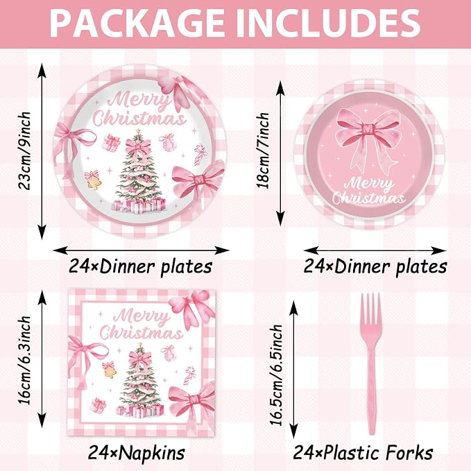 96Pcs Pink Christmas Tree Party Decorations Pink Bow Plates and Napkins Tableware Buffalo Plaid Dinnerware for Merry Xmas Winter Holiday Party Supplies 24 Guests
