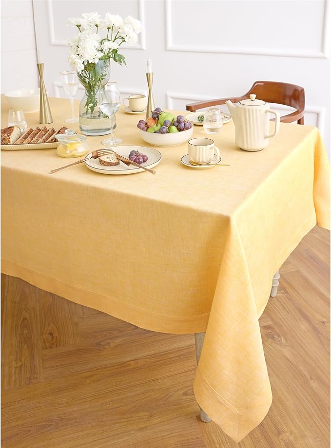 Solino Home Linen Tablecloth 60 x 90 Inch - 100% Pure Linen Chambray Mustard Yellow Table Cloth for Rectangular Tables - Athena, Machine Washable Cloth Tablecloth for Summer