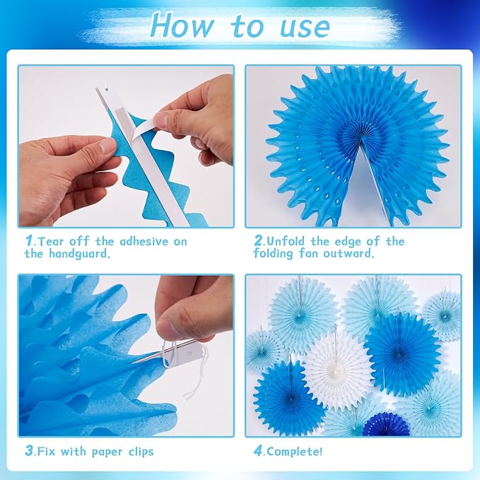 SUNBEAUTY Pack of 13 Blue White Hanging Honeycomb Paper Fans Party Decoration Kit for Baby Boy Shower 1st Birthday Navy Ocean Wedding Under The Sea Theme Photo Booth Backdrops Paper Party Supplies