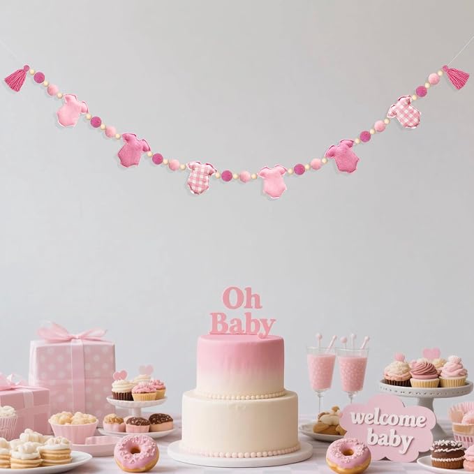 Pink Plaid Baby Clothes Decorations Pre-Strung Handmade Felt Baby Clothes Wool Felt Ball Wooden Bead Banner Garland for It's a Girl Sweet Baby Girl Baby Shower Party Nursery Home Fireplace Wall Decor