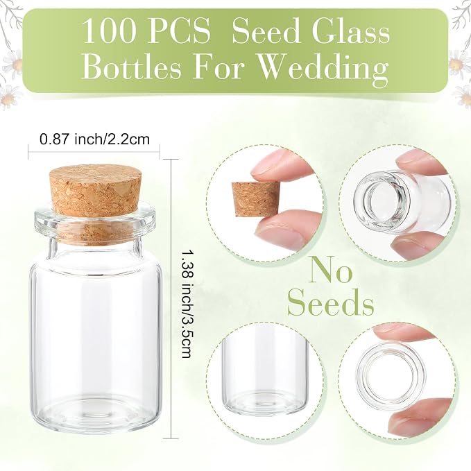 Jinei 100 Sets Let Love Grow Wedding Favor for Guests 100 Small Glass Bottles with Cork Stopper 100 Wedding Thank Cards and 100pcs Organza Bags, No Seeds