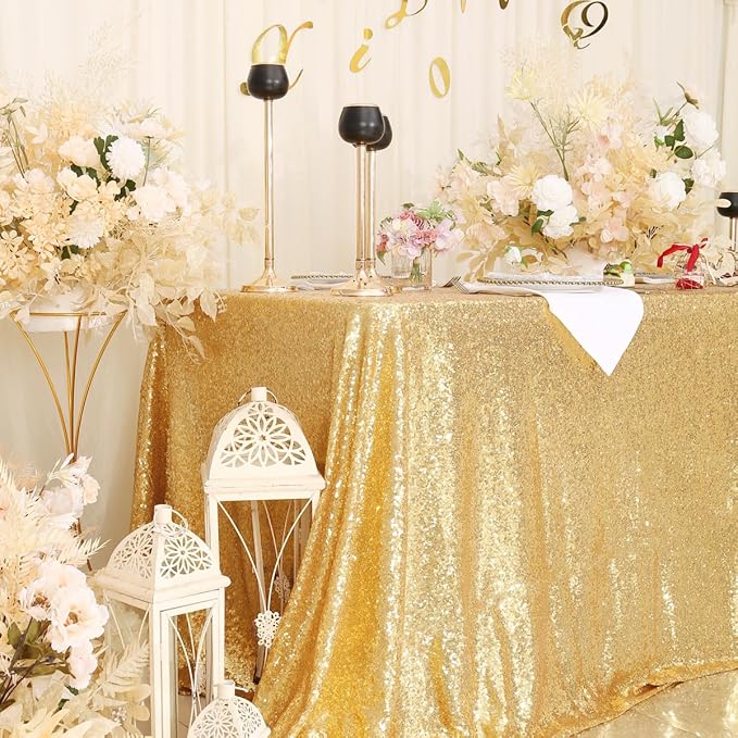 Eternal Beauty Gold Tablecloth, 50x50 Inch Sequin Square Table Cover for Valentines Cake Dessert Exhibition Party Birthday Events