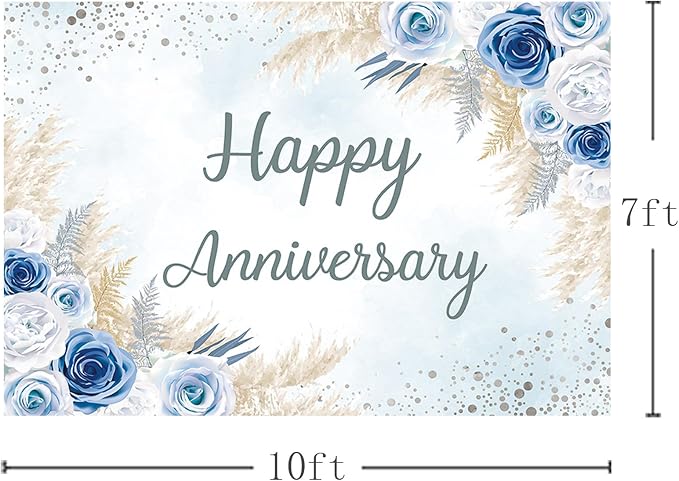 MEHOFOND Boho Happy Anniversary Backdrop Blue Floral Bohemia Pampas Grass Anniversary Banner Cheers to Marriage Wedding Party Decorations Memorial Portrait Photo Booth Background 10x7ft