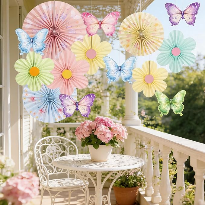 Spring Flower Decorations Pastel Paper Flower Butterfly Decoration Spring Garden Hanging Flower Paper Fans Butterfly Party Decorations for Wall Office Classroom Women Birthday Baby Shower Easter