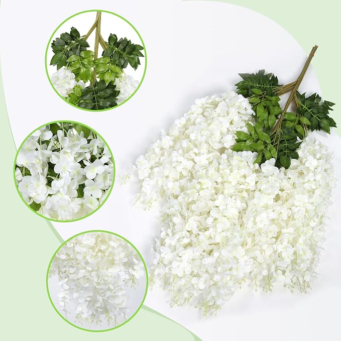 Pauwer Wisteria Hanging Flowers 12 Pack Fake Flower Garland Artificial Wisteria Vines Rattan Silk Flower String Wedding Party Wall Decorations,White