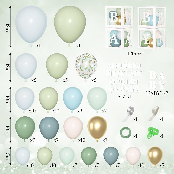 153Pcs Dusty Blue Green Balloons Baby Shower Decorations, Haze Fog Blue Mist Sage Green Balloon Arch Kit Baby Boxes with Letters (A-Z+Baby) for Baby Shower Boho Birthday Gender Reveal Party Supplies